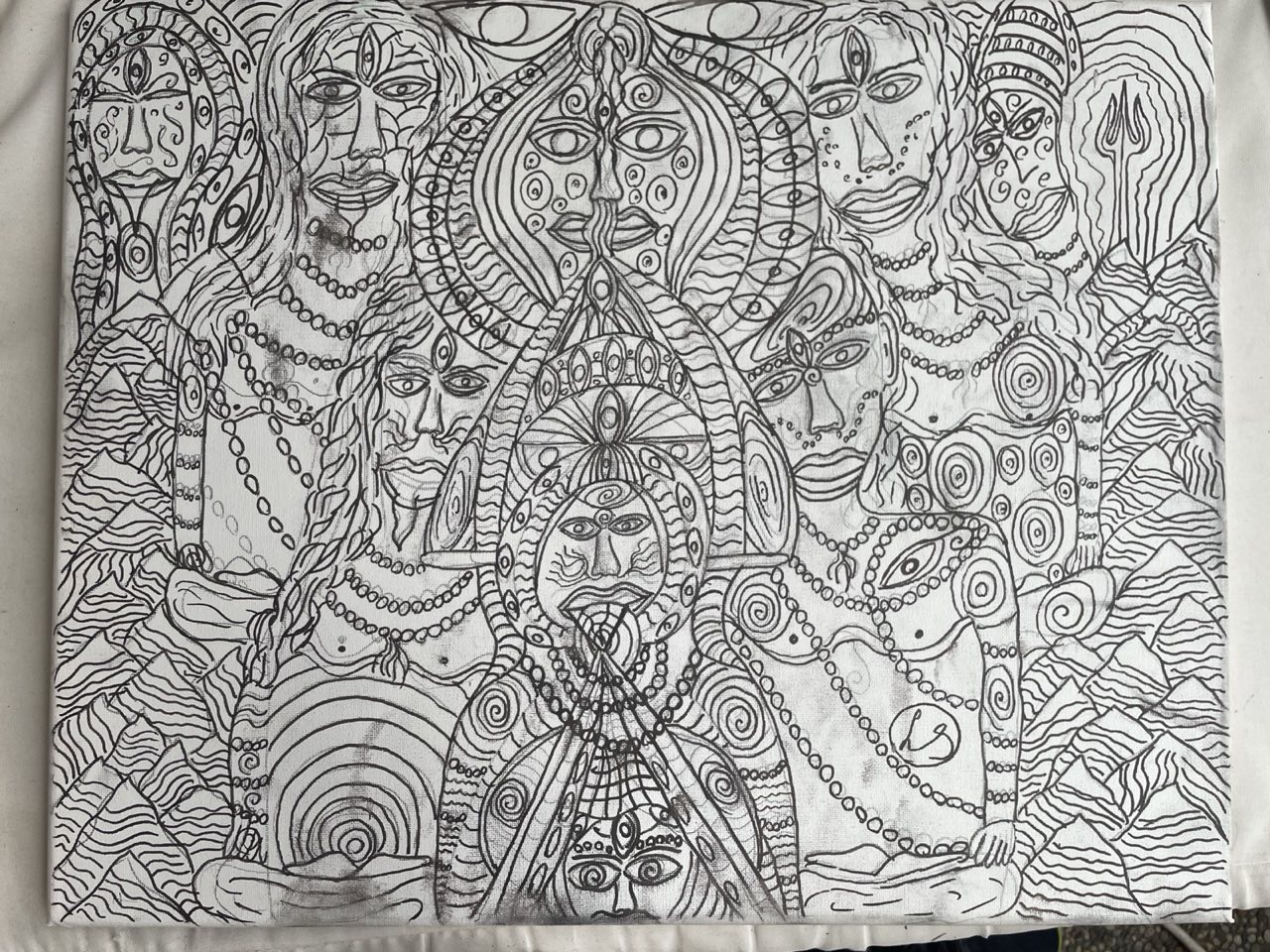 A landscape-format monochrome ink drawing on a pale ground. Many frontal faces and figures share a dense field of continuous linework, with bead-like strands, spirals and wave bands filling every region. Shown from a working reference photograph.