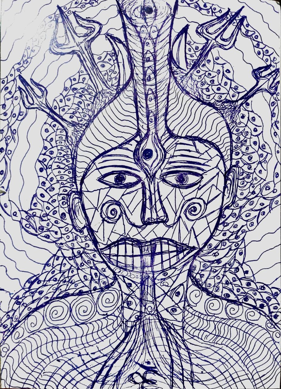 A portrait-format single-ink line drawing on light paper. A large frontal face fills the centre within dense fields of fine hatched linework; three multi-pronged fork-like forms rise in the upper region and a small circular form with a dark centre sits near the top edge. Shown from a working reference photograph.