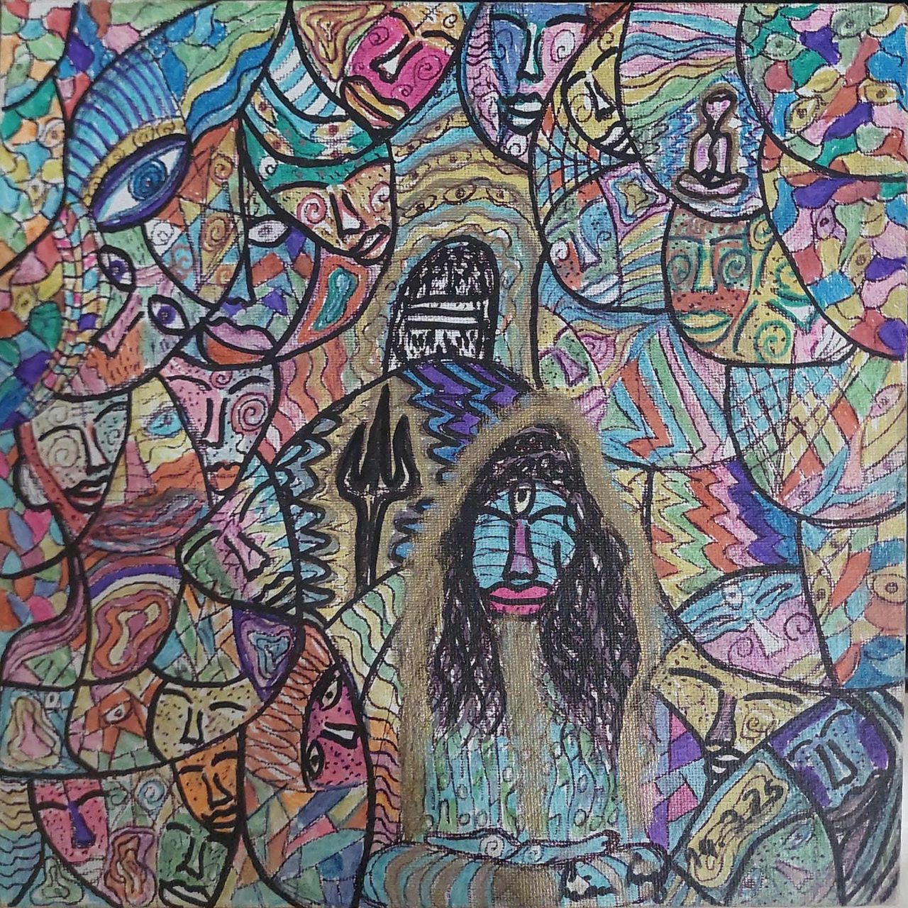 A square-format polychrome painting with a dense all-over field of interlocked stylized faces and cellular shapes. A larger blue-toned frontal face sits low-centre beneath a small arched dark opening, with a three-pronged upright form, an isolated eye at the upper left and a small standing figure at the upper right. Shown from a working reference photograph.