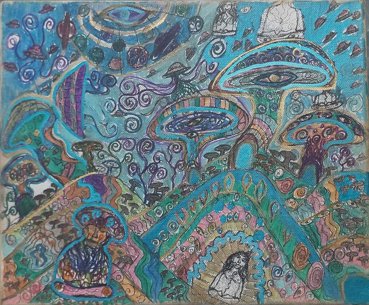 A landscape-format polychrome painting in teals, blues, pinks and gold. An all-over imaginary scene of mushroom-like forms, saucer and disc forms and spirals fills the surface, with an eye motif in the upper region and two small seated figures along the bottom. Shown from a working reference photograph.