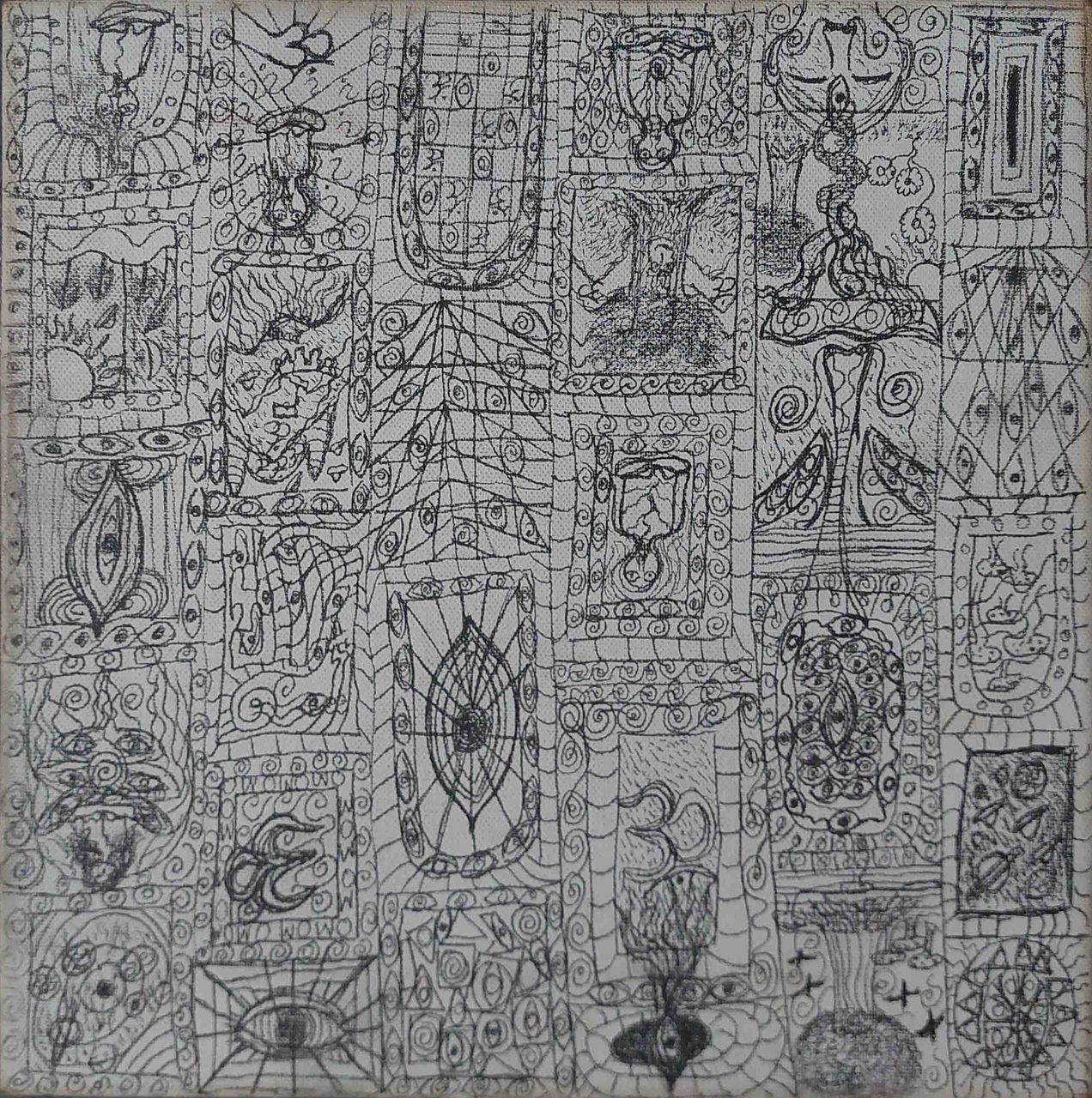 A near-square monochrome ink drawing on a light woven ground. A dense all-over field of small hand-drawn vignettes — eyes, face-like and figure-like forms, flame-like shapes, pointed oval "peacock-eye" motifs and spirals — is organised into loose compartments. Shown from a working reference photograph.