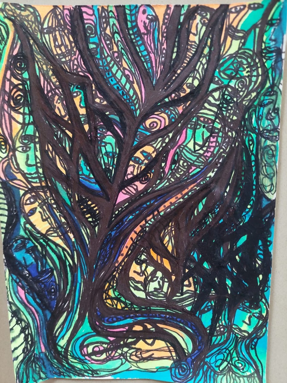 A portrait-format polychrome painting. A dark branching tree-like form spreads across a vivid ground of teal, pink, orange and blue; small face-like and eye forms and looping linework fill the surrounding field. Shown from a working reference photograph.